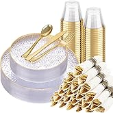 Hioasis 175pcs Clear Gold Plastic Plates - Clear Plastic Dinnerware Set Includes 25 Dinner Plate, 25 Dessert Plate, 25 Cups, 25 Napkins Perfect for Wedding & Party