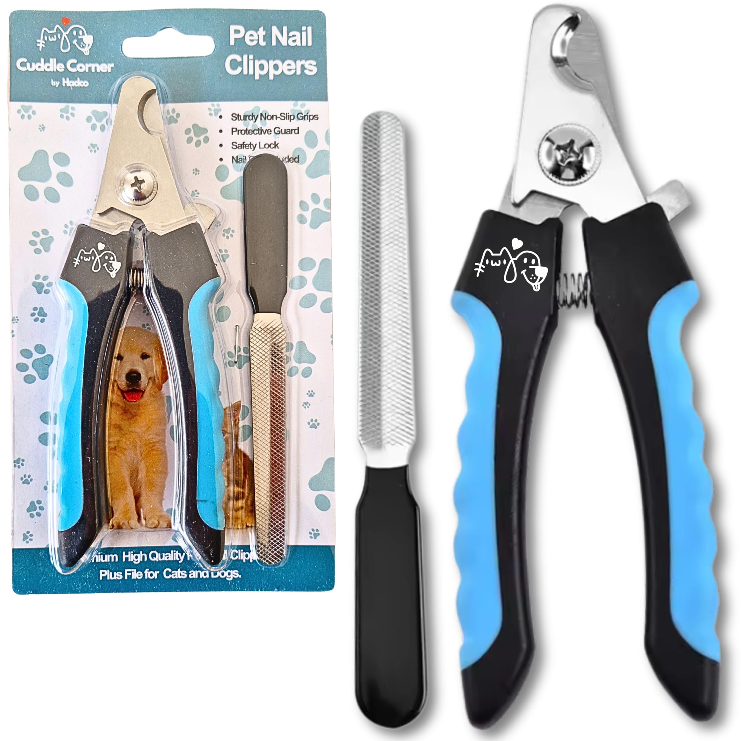 Cuddle Corner Pet Nail Clippers – Stainless Steel Blades with Safety Guard & Lock, Ergonomic Non-Slip Handle, Includes Nail File – For Dogs & Cats, Dog Nail Clippers. Cat Claw Clippers.