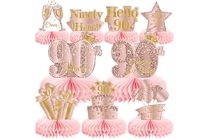 MOORAY 9Pcs 90th Birthday Decorations Pink Rose Gold Honeycomb Centerpieces for Women,Happy 90th Birthday Table Centerpieces Party Supplies,Ninety Year Old Birthday Table Toppers Decor