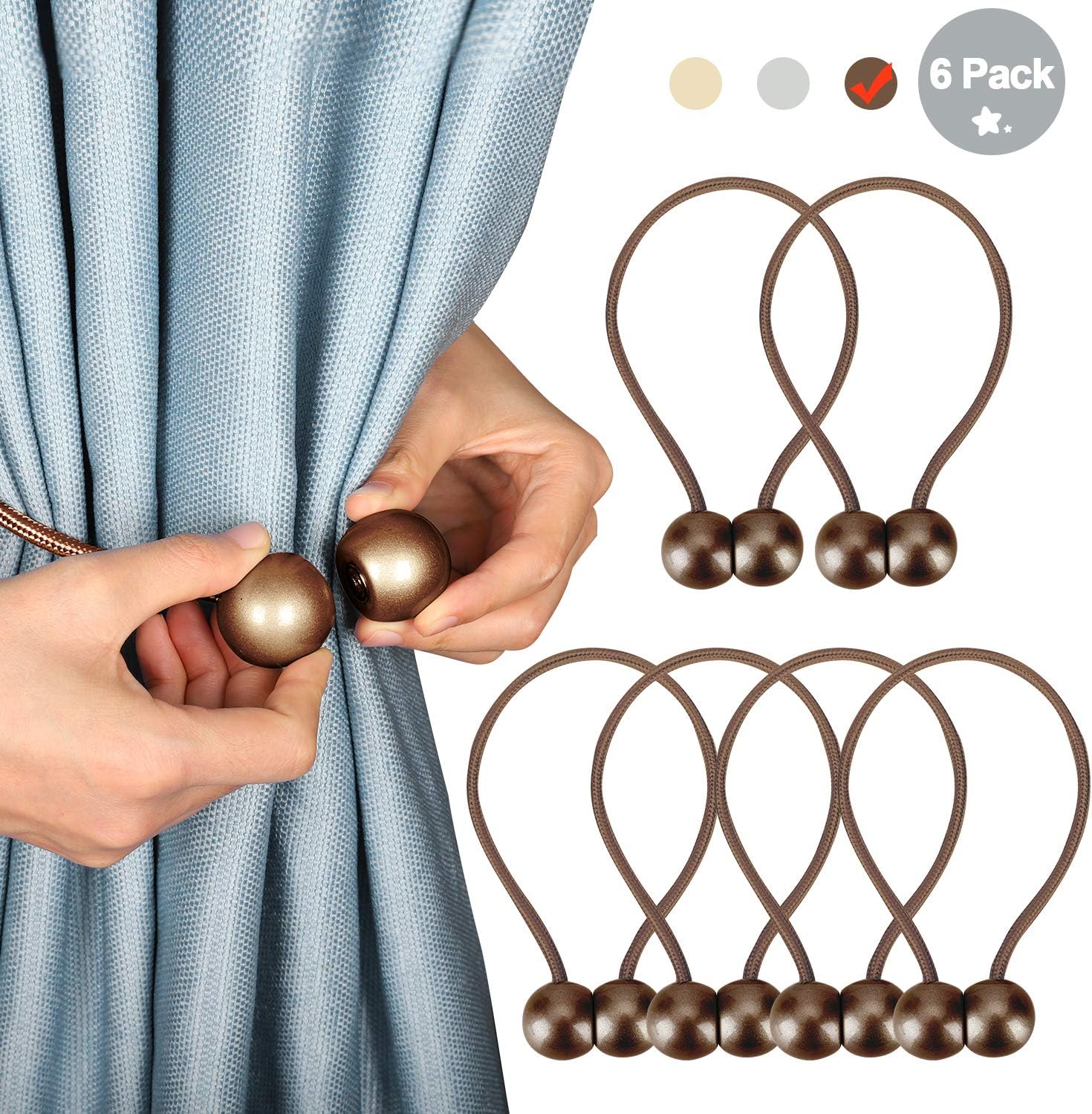 Dofulay Upgraded Electroplating Magnetic Curtain Tiebacks,6 Pack Creative Window Drape Twist Tie Backs Decorative Weave Rope Drapery Holdbacks for Thin,Wide or Thick Curtain (16",Brown)