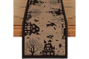 Artoid Mode Black Tan Spooky Haunted House Tree Witch Halloween Table Runner, Fall Kitchen Dining Table Decoration for Home Party Decor 13x72 Inch