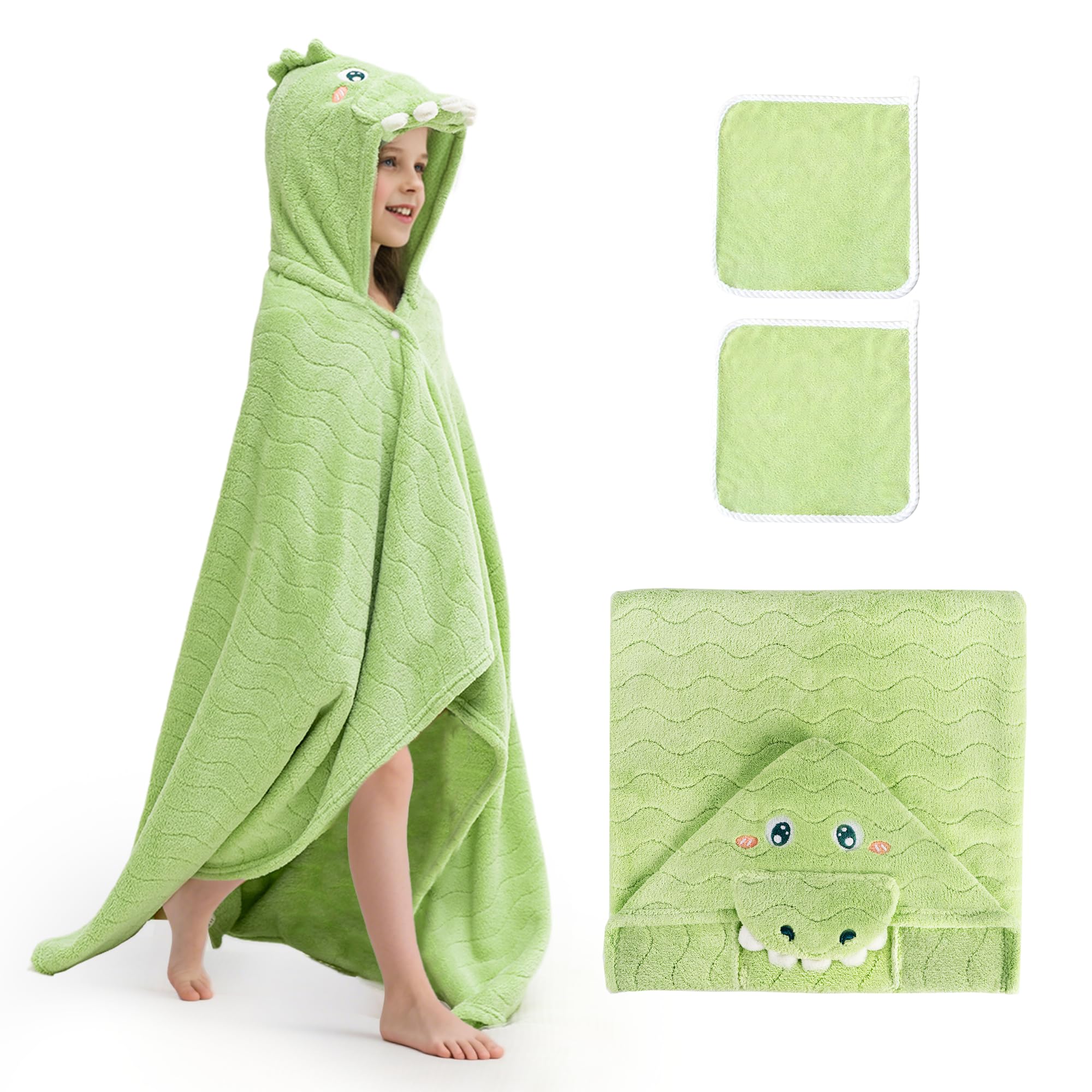 Photo 1 of UNEEDE Green Dinosaur Bath Hooded Towel for Kids,Extra Soft and Fast Drying Poncho for Toddlers Age 3-10,Kids Beach Hooded Towel Polyester Size 31 x 47 in,Machine Washable Poncho for Bath Beach Pool
