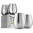Stainless Steel Unbreakable Wine Glasses - 18 Ounce Set of 4 Wineglasses. Premium-Grade 18/8 Stainless Steel Red & White Stem