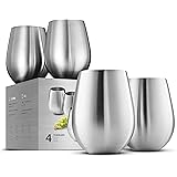 Stainless Steel Unbreakable Wine Glasses - 18 Ounce Set of 4 Wineglasses. Premium-Grade 18/8 Stainless Steel Red & White Stem