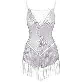IWEMEK Sequin Fringe Romper Bodysuit for Women Sparkly Tassel Latin Jazz Dance Leotard Festival Rave Outfits Acrobat Costume
