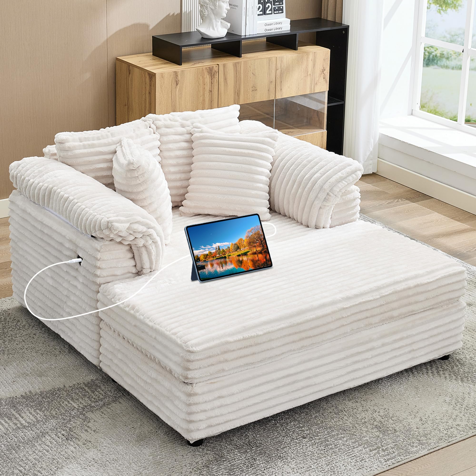 Photo 1 of **SELLING FOR PARTS AS PARTIAL SET. ONE OF TWO BOXES**59" Oversized Chaise Lounge Chair Indoor, Comfy Corduroy Cloud Sleeper Couch with USB Port, Throw Pillows and Supportive Armrests, Recliner Bed for Living Room, Movie Room, Bedroom