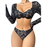 Lilosy Sexy Long Sleeve Floral Lace Underwire Lingerie Set