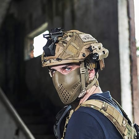 OneTigris Halb Gesichtsschutz Maske Fast Helm Einstellbare Maske für Softair Paintball CS (Khaki) |MEHRWEG Verpackung