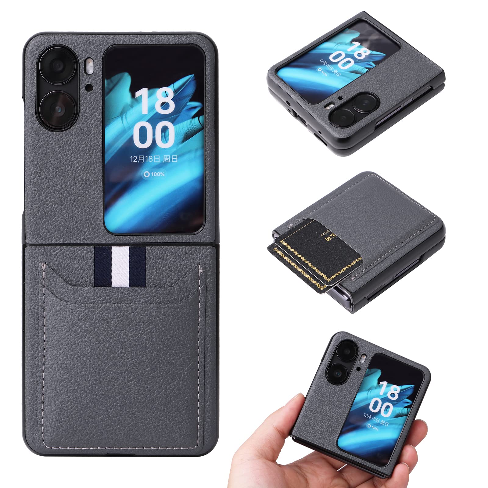 COQUE Suitable for Oppo Find N2 Flip phone case, Oppo Find N2 Flip lychee pattern card slot phone case(Gray)