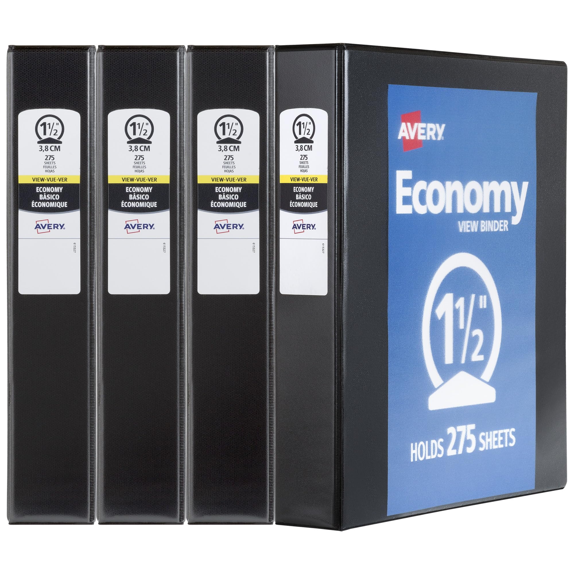 Avery Economy View 3 Ring Binders, 1.5" Round Rings, 4 Black Binders (19204)