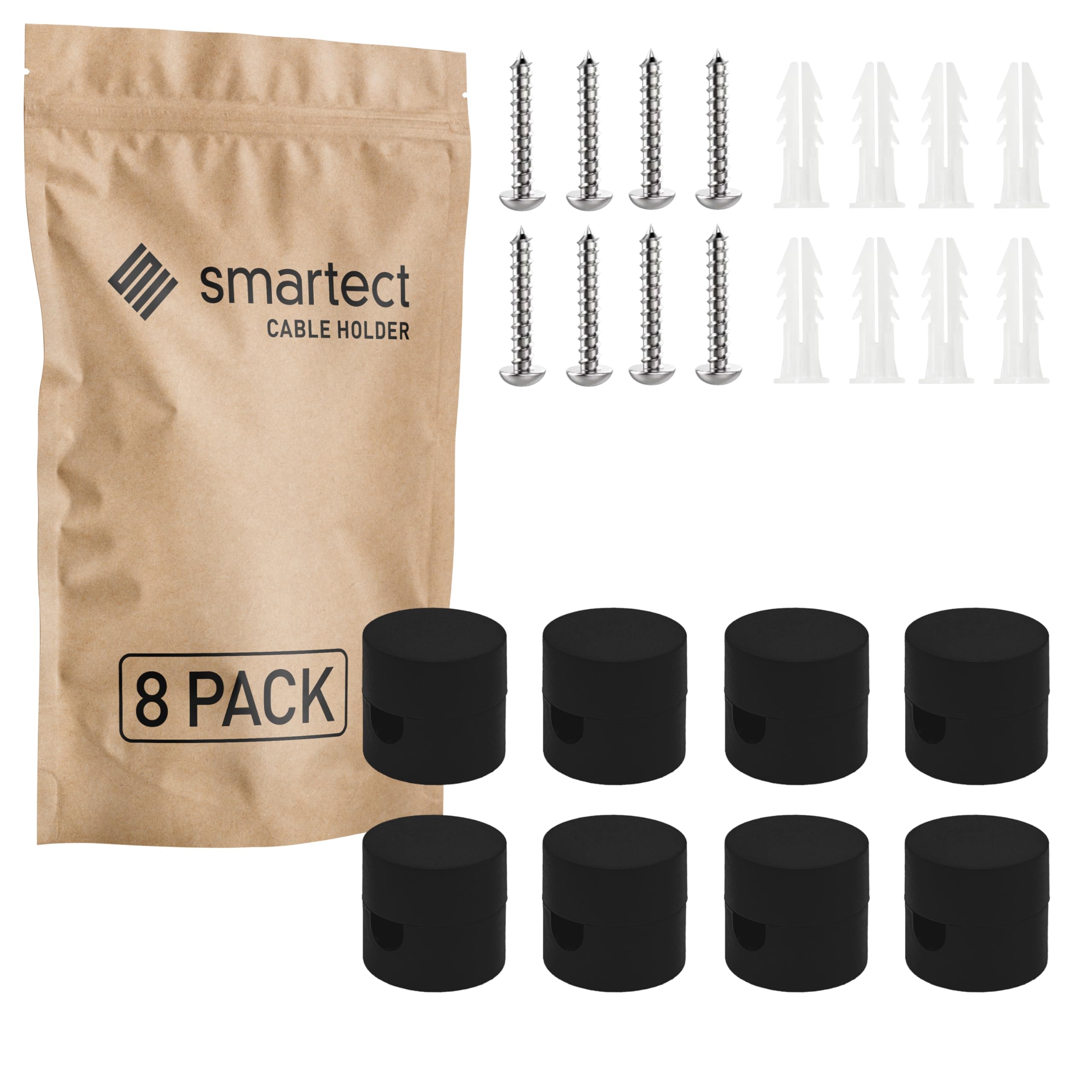 smartect Wall and Ceiling Pins [8 Pieces, Black, Ø20x18 mm] Cable Decentralizer with wall Plugs and Screws Included, Ceiling Light Hook for Your DIY Project