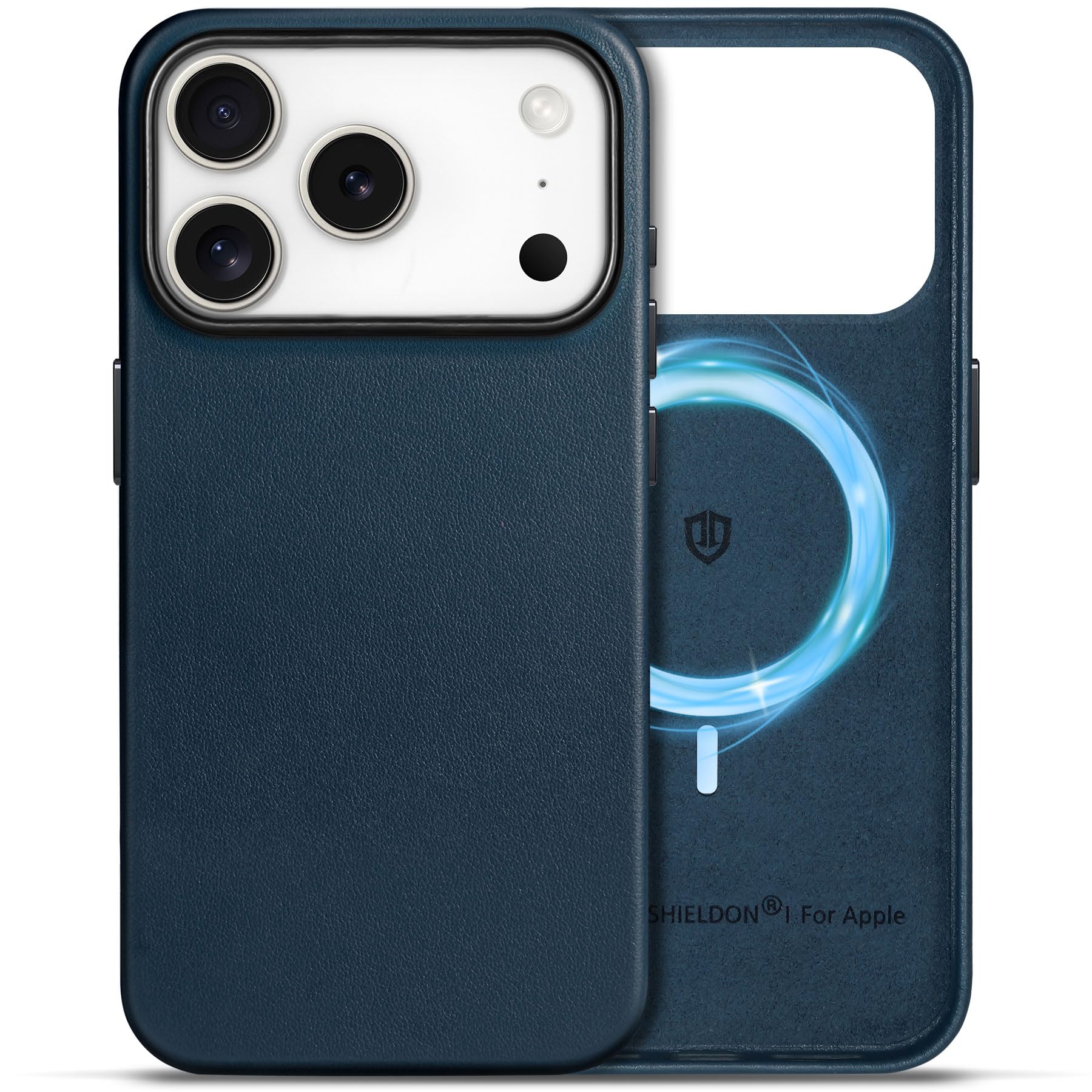 Photo 1 of SHIELDON Genuine Leather Case for iPhone 17 Pro 6.3 Inch 2025, Compatible with Magsafe, Magnetic Wireless Charging, Slim Fit, Non-Slip, Anti-Scratch, Shockproof, Metal Button, Camera Bezel - Navy Blue