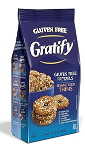 Gratify Gluten Free Pretzel Thins Sesame Seed Vegan GF Pretzel Crisps, 10.5oz Bag (Pack of 6)