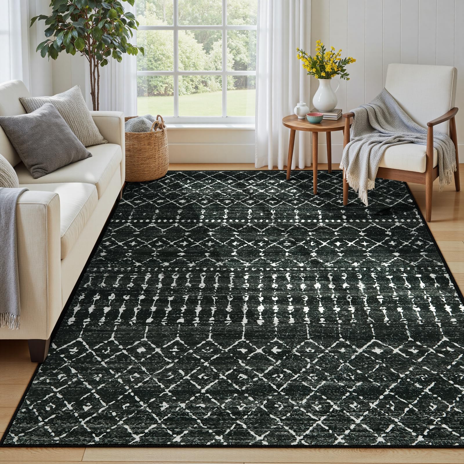 Photo 1 of Beeiva Moroccan Carpet for Living Room, 5x7 Soft Low Pile Machine Washable Area Rug, Non Slip No Shedding Geometric Printed Rugs for Bedroom, Office - Black