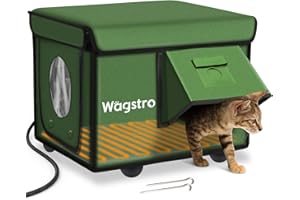 WAGSTRO Heated Cat House for Outside, Waterproof Awning & Escape Door Heated Cat Houses for Indoor/Outdoor Cats in Winter, Elevated & Insulated Outdoor Cat Shelter for Feral Cat(Green, 16.5"x12.6"x13")