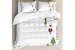 Ambesonne Christmas Duvet Cover Set, Reindeers Santa Claus Penguins and Xmas Tree Stripes Design, Decorative 3 Piece Bedding Set with 2 Pillow Shams, Queen Size, Brown Ruby
