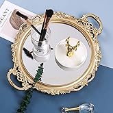 YANIZU Decorative Mirror Tray, Round with Handles, Organizer for Perfume, Makeup, Jewelry, Vintage Display and Serving Tray for Dresser, Counter and Coffee Table, 15.8" x 13", Gold