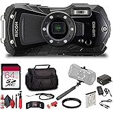 Ricoh WG-80 Rugged Waterproof Digital Camera (Black) Shockproof Freezeproof Compact Design | Full HD Video LED Macro Lights for Outdoor Travel Adventure + 64GB Card + More (12 Pc Bundle)