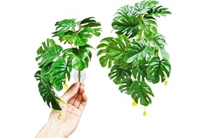 Woyrise Reptile Plants for Terrarium, Artificial Hanging Plants with Suction Cups, Amphibian Tank Habitat Decor Plastic Plant for Bearded Dragons Lizards Snake Geckos Frogs - 2Pack Fake Monstera