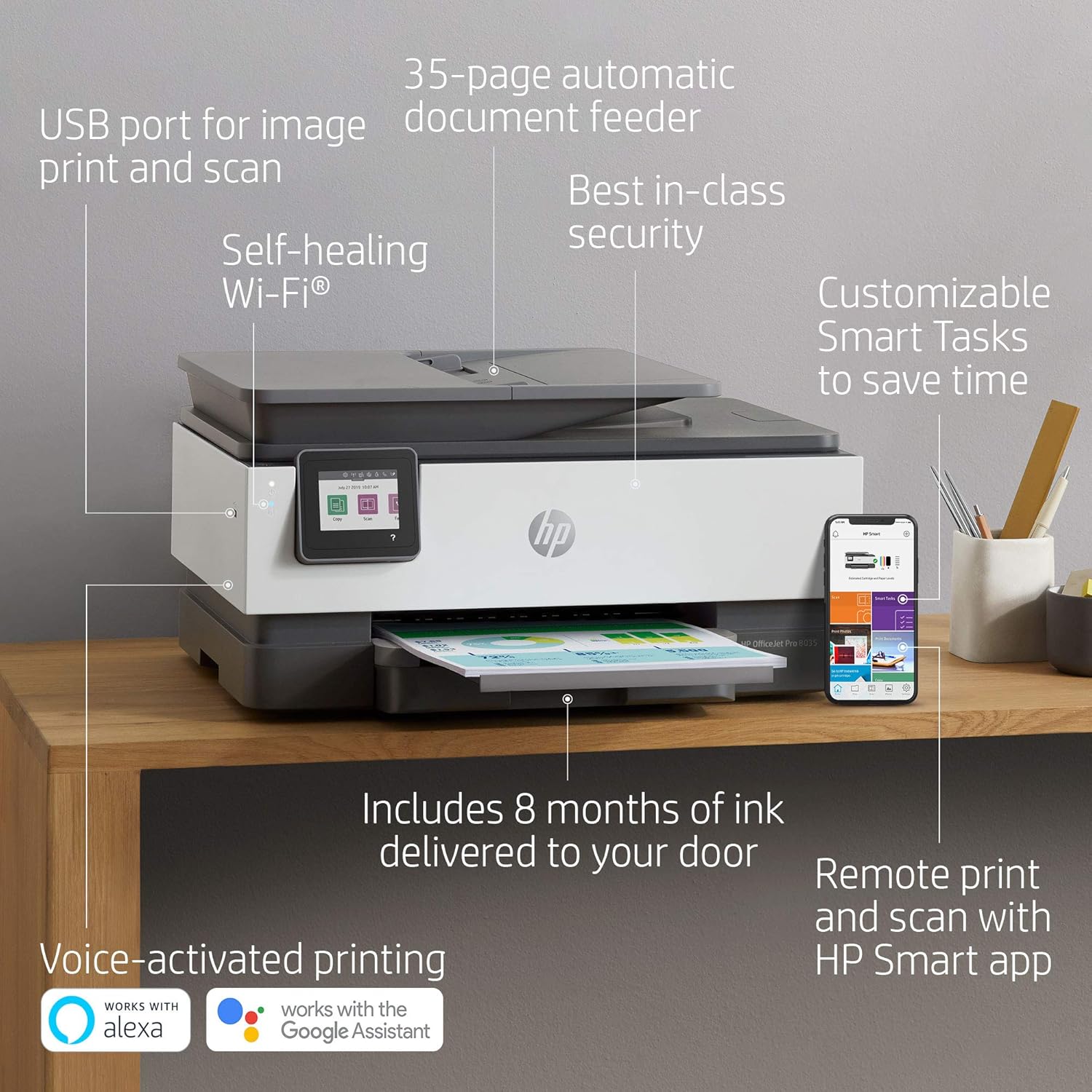 HP OfficeJet Pro 8035 All-in-One Wireless Printer - Includes 8 Months of Ink, HP Instant Ink, Works with Alexa - Basalt (5LJ23A): Electronics