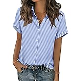 Zeagoo Blue and White Striped Shirts for Women Short Sleeve V Neck Collared Blouses 2026 Summer Tops