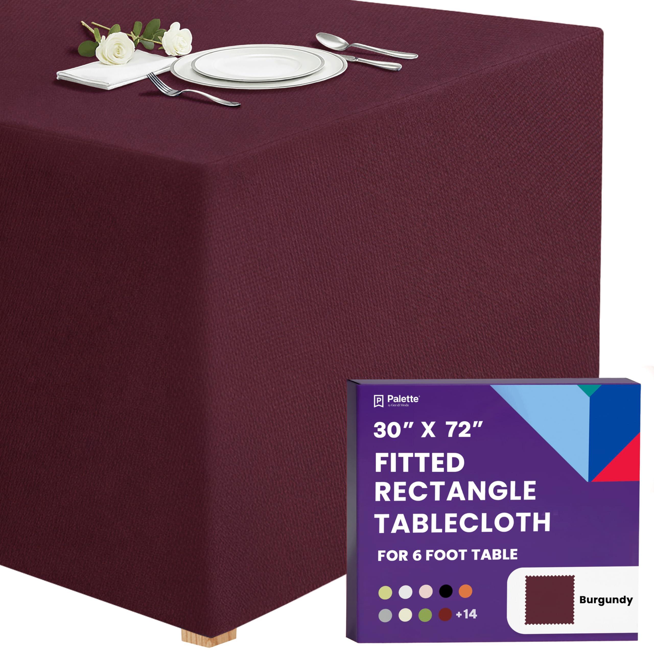Gee Di Moda Fitted Tablecloth - 72 x 30 Inch Burgundy Fitted Table Cloth for 6ft Rectangle Table - Heavy Duty, Washable Fabric - For Buffet, Dinner, Wedding & Trade Show