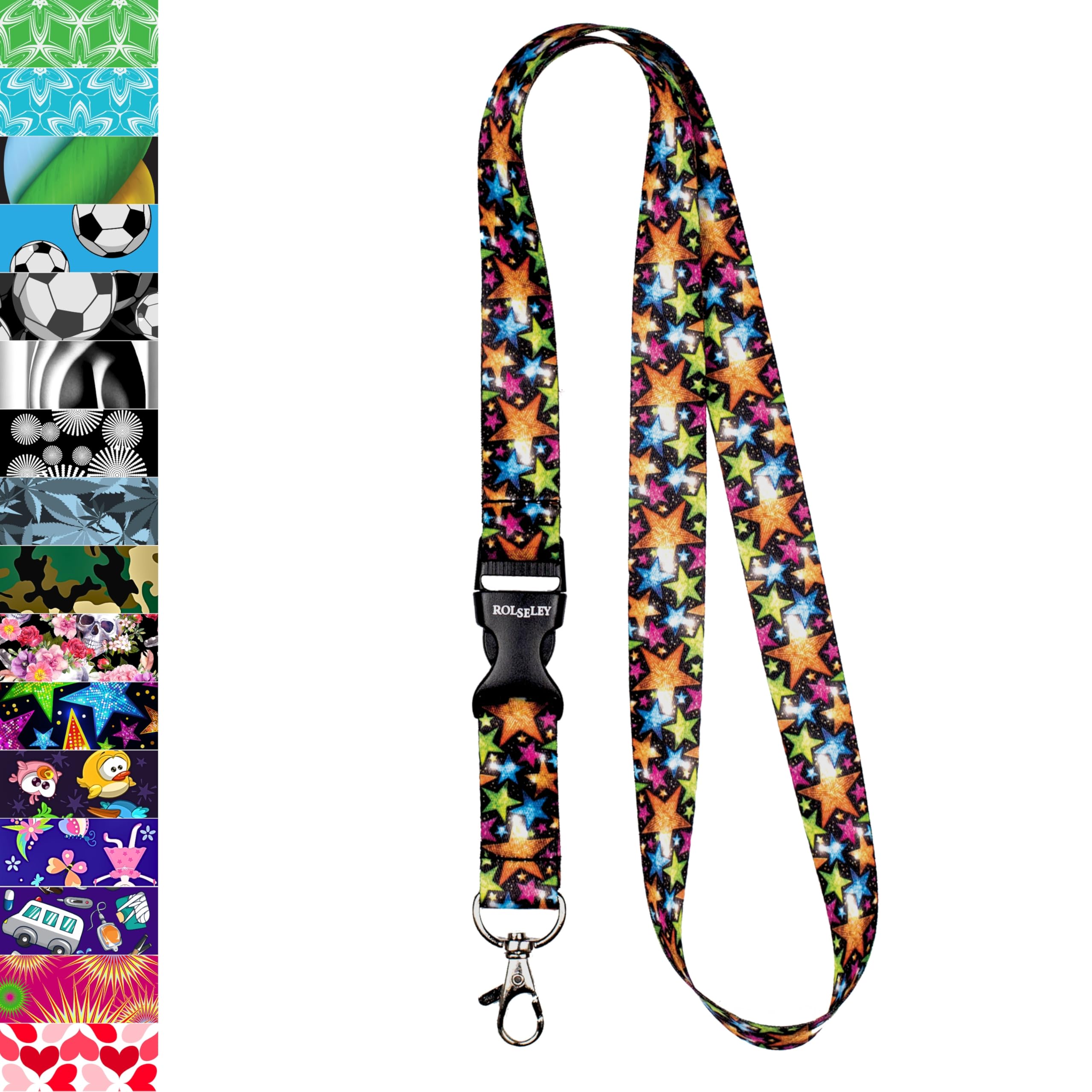 ROLSELEY Lanyard neck strap with STARS - MULTICOLOUR for id badge holder with metal clip