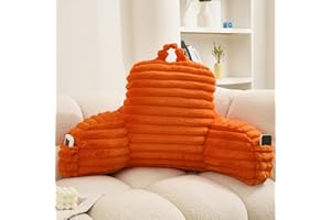 WERDIM Reading Pillow for Sitting in Bed, Faux Fur Back Pillow for Bed Rest, Bed Chair Pillow with Arms and Pockets(Standard, Orange)
