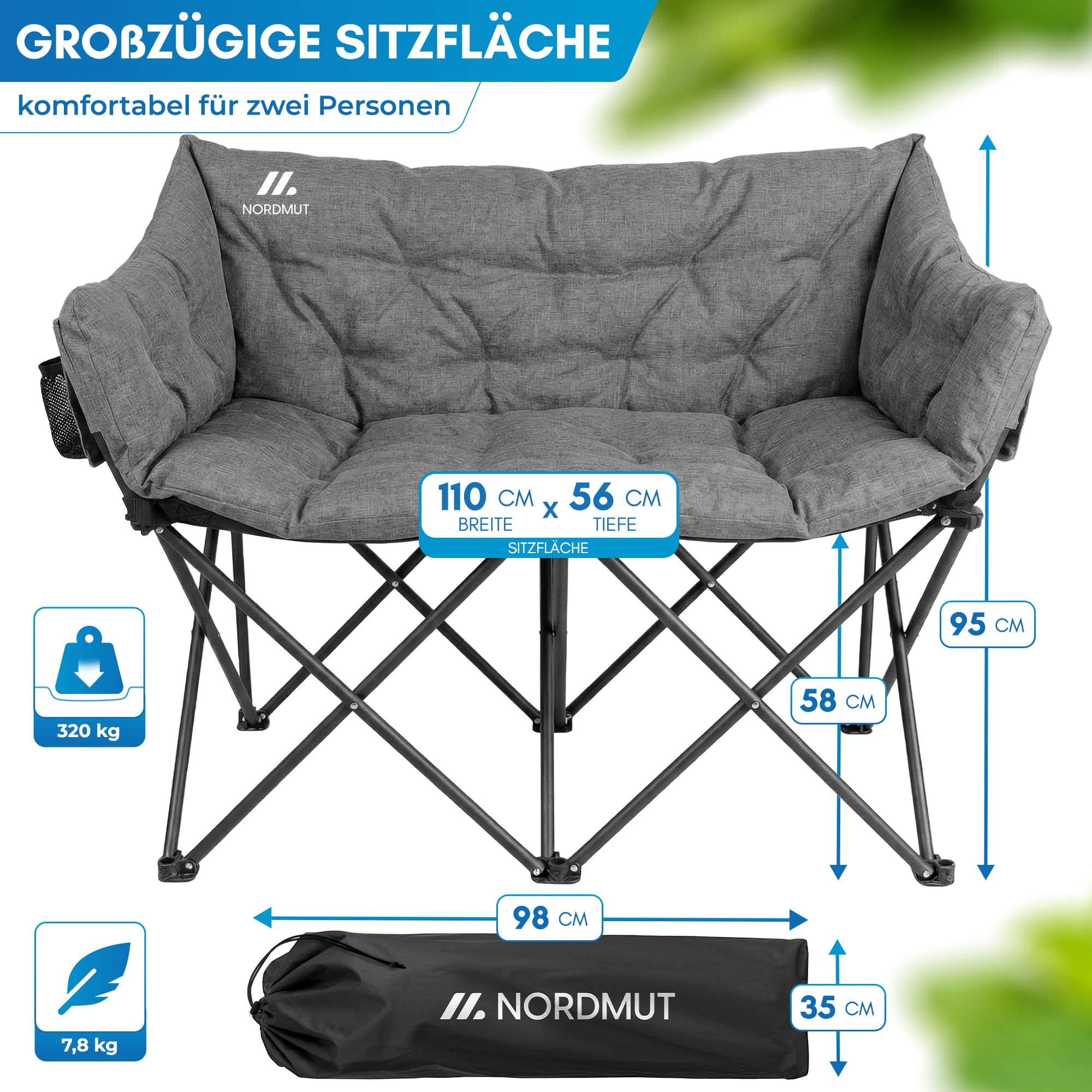 NORDMUT® Campingsofa faltbar für 2 Personen – stabile Camping Couch 320 kg belastbar – komfortabler Doppel Campingstuhl faltbar mit extra Dicker Polsterung (Aschgrau) 2