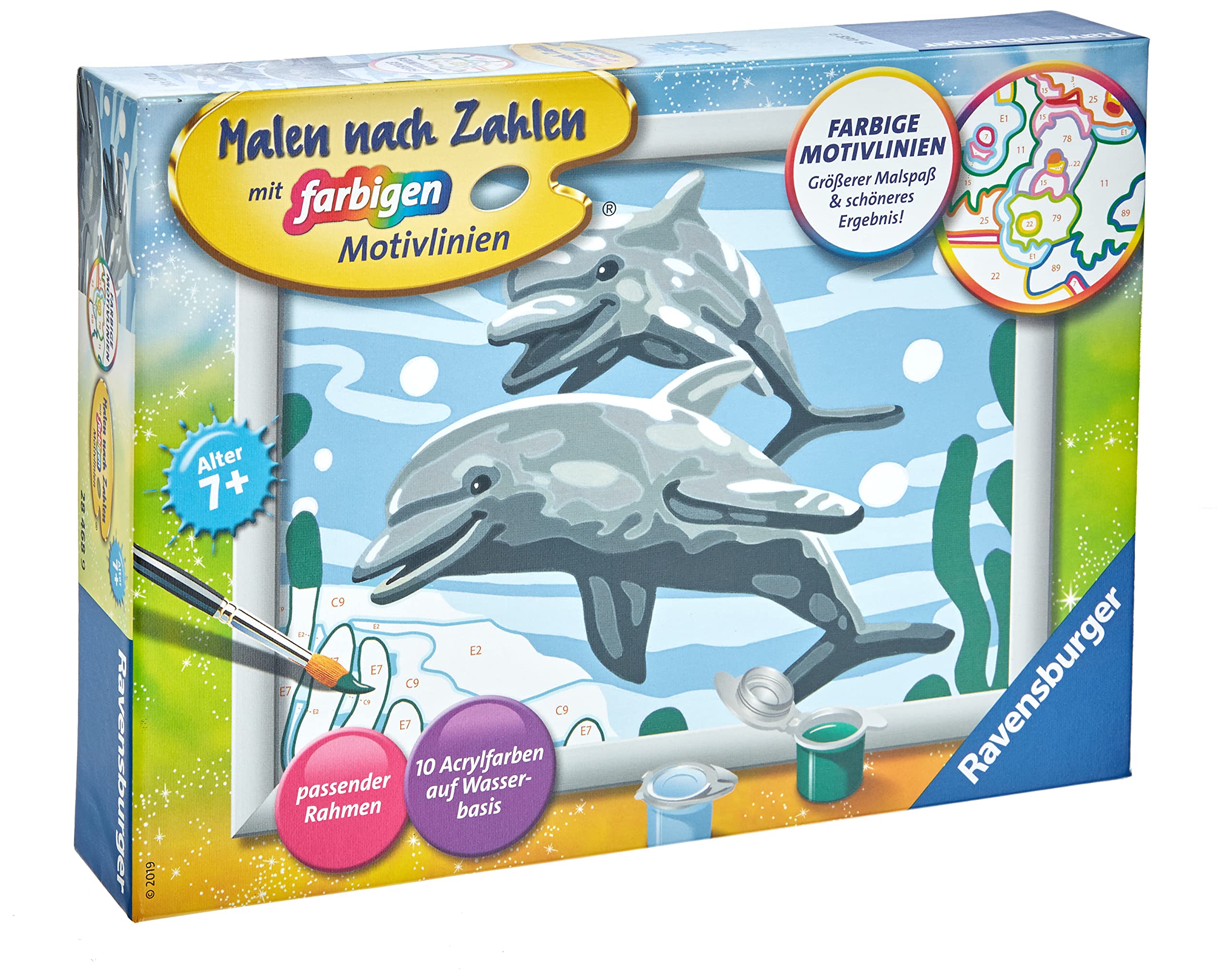 Ravensburger CreArt 28468 - Friendly Dolphins - Painting by Numbers for Children from 7 Years, Painting Set with Frame, Brush and Acrylic Paints, Gift for Girls and Boys