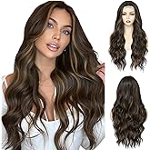 NAYOO Dark Brown Wig - 26 Inch Long Brown Wavy Wig for Women, Middle Part Synthetic Heat Resistant Fiber Wig for Women - Daily Party Use, Caramel Brownie