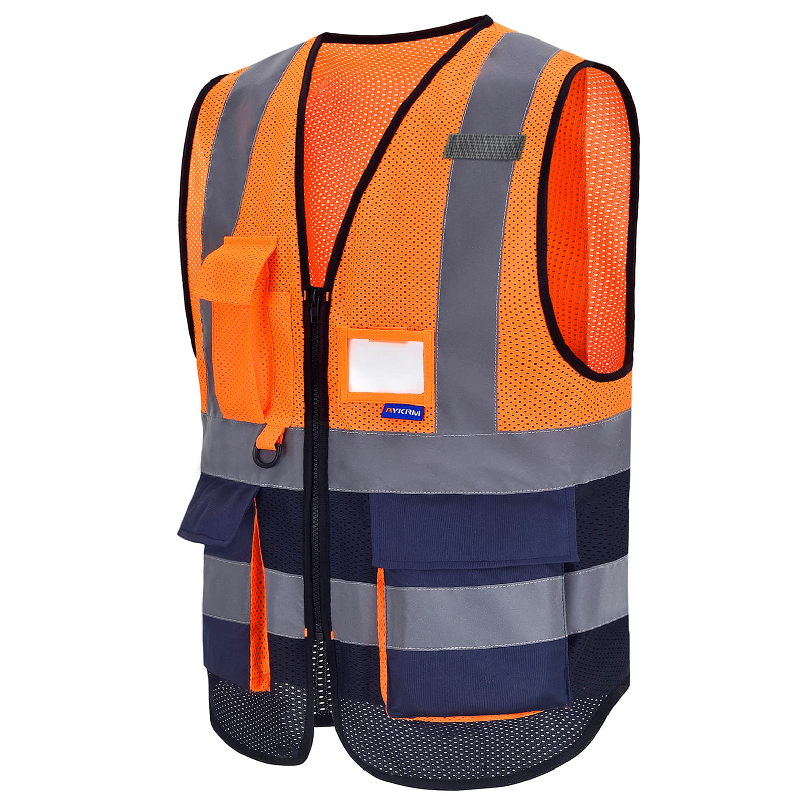 AYKRM Mesh Hi vis vests navy and orange Zipper Front High Visibility vest Hi Vis Executive Vest Waistcoat with Phone & ID Pockets mesh, Orange Navy Mesh — image 1