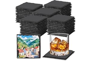DASSNANE 60 PCS Slate Coasters Black Square 4 Inch Bulk Rock, Blank Laser Engraving, Scratch Resistant Bottom, Home Office Kitchen Gift Wedding Bar Party (60 PCS Square Coasters)