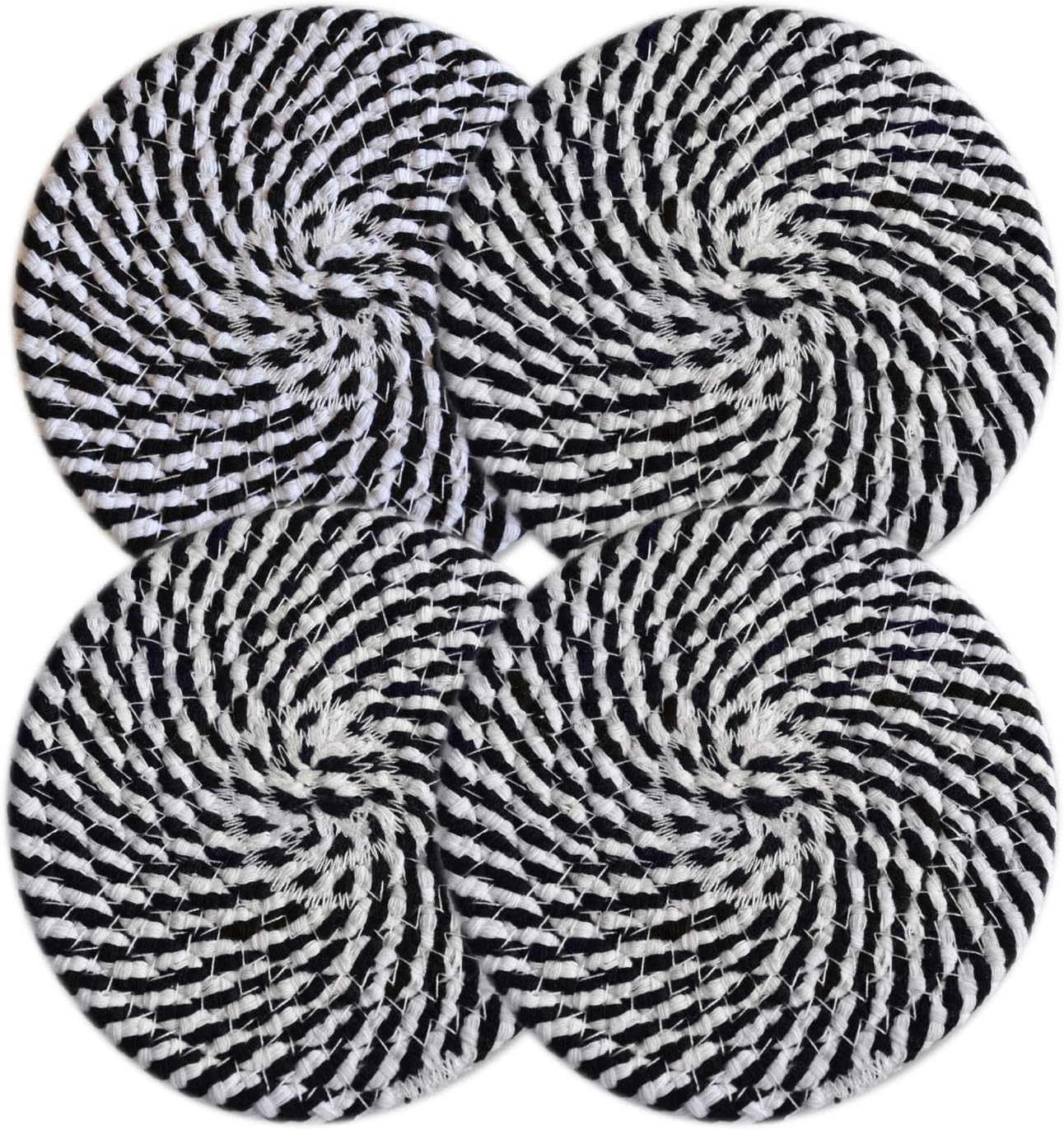100% Pure Rope Thread Weave Hot Pot Holders Set (Set of 4), Hot Mats Thread Weave Round Drink Coasters Set of 4 by 4.3 Inches, Cup Coasters for Drink Home Kitchen