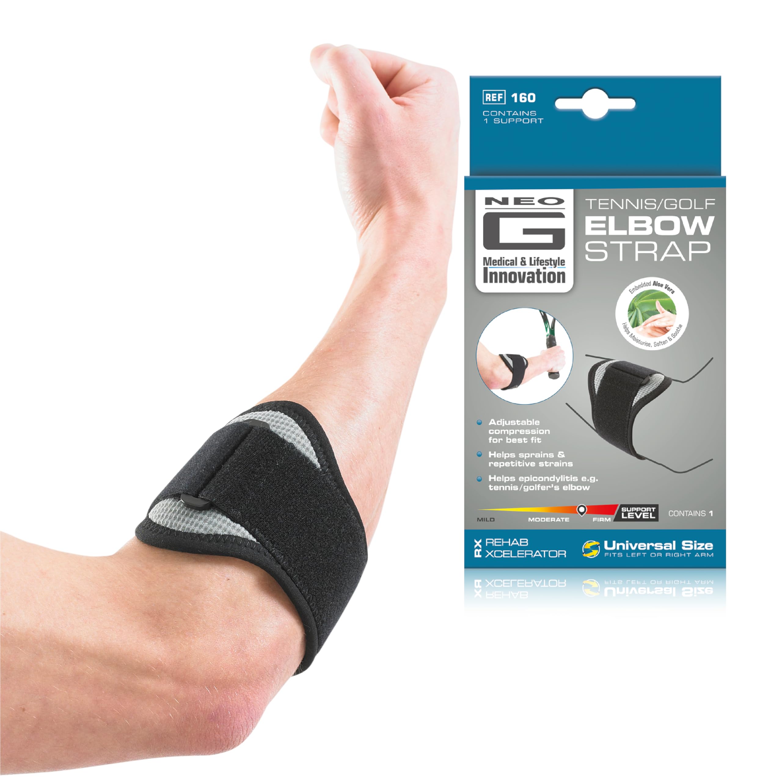 Neo-G RX Tennis/Golf Elbow Strap – Support for Epicondylitis, Tennis/Golfers Elbow, Sprains & Repetitive Strain Injuries, Reduces Tendon Irritation & Overuse – Class 1 Medical Device – 1 Size
