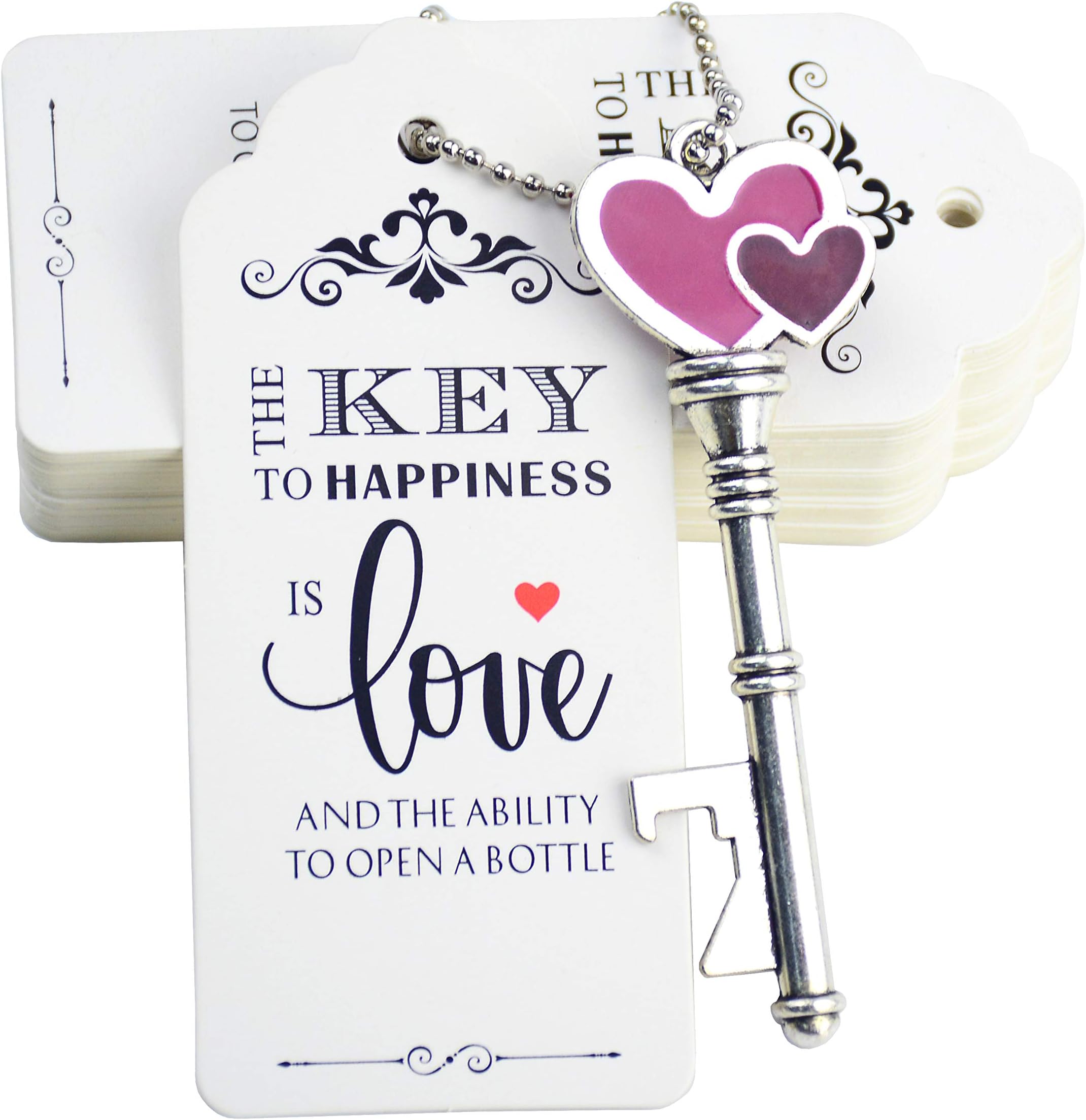 Aokbean 52 pcs Heart Shaped Antique Silver Keys Bottle Opener with tags and Chains for Wedding Favors Party Suppliers Guest Souvenirs (Antique Silver)