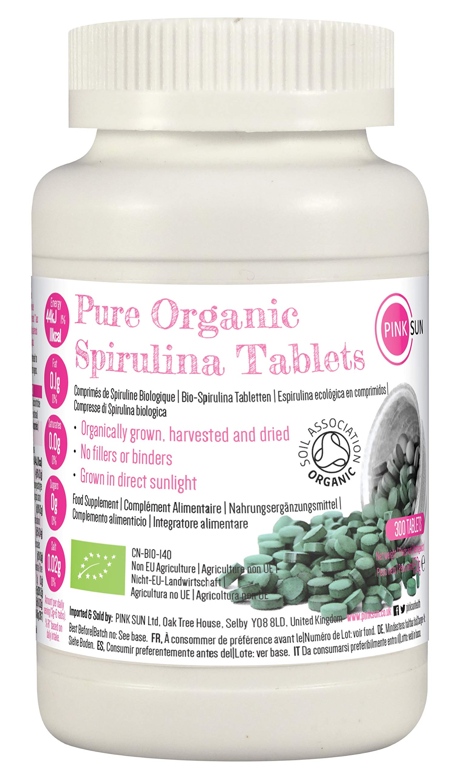 PINK SUN Organic Spirulina Tablets 300 x 500mg Tabs Gluten Free Non GMO Suitable for Vegetarians and Vegans Certified Organic by The Soil Association 150g