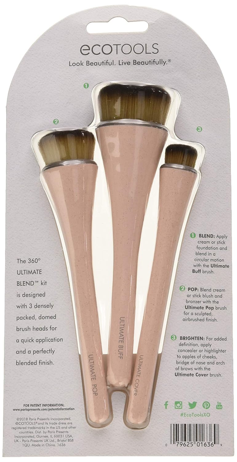 EcoTools 360 Ultimate Blend Makeup Brushes, For Cream & Stick Makeup, Foundation, Concealer, Highlighter, Blush Set of 3: Beauty