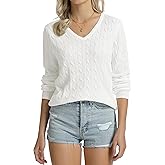 QUALFORT Womens 100% Cotton Cable Knit Sweater Lightweight Crewneck or V Neck 2026