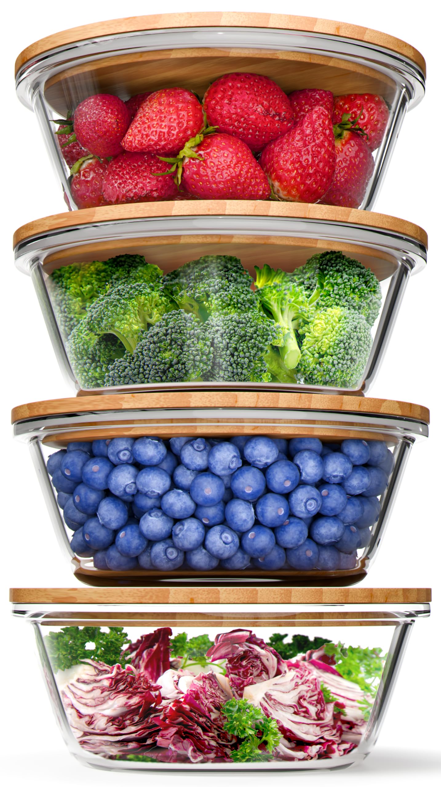 Photo 1 of **1 CONTAINER MISSING**Verel Round Glass Food Storage Containers with Bamboo Lids (Set of 4) - 32 Ounce, Eco Friendly Meal Prep with Wooden Lids