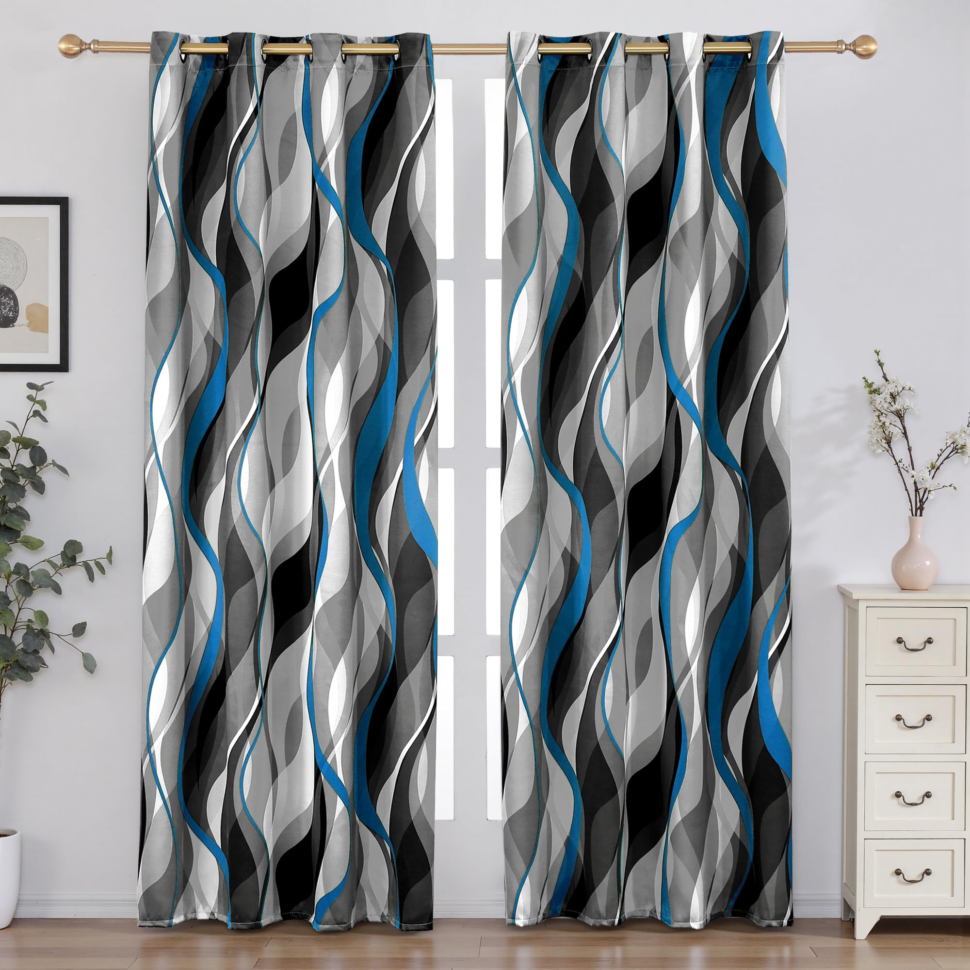 weesire Blue and Grey Blackout Curtains Modern Striped Decorative 100%