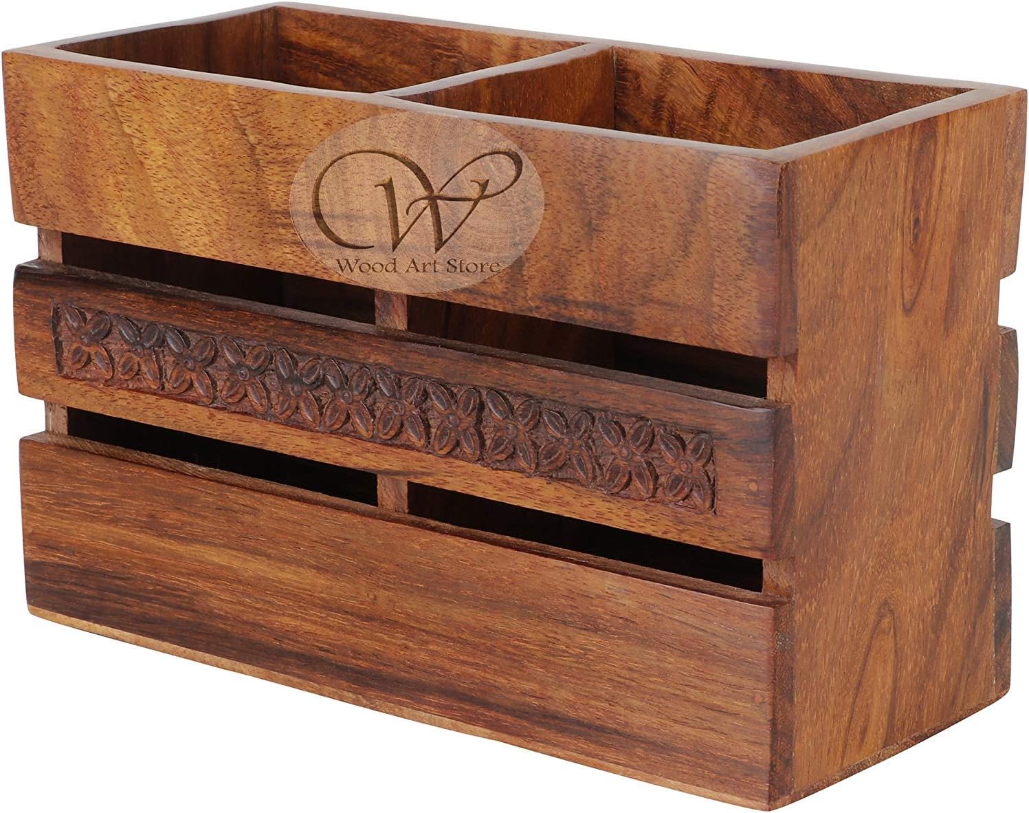 WOOD ART STORE Handmade Wooden Cutlery Multipurpose Stand/Holder Organizer for Dining Table and Kitchen with Carving Works (7 x 3 x 4 Inches)