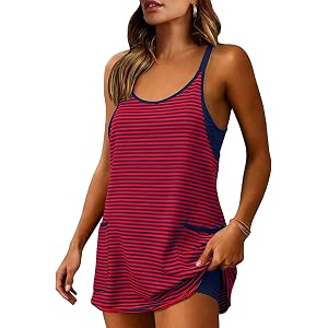 Lentta Womens Athletic Mini Dress Built-in Shorts Striped Tennis Dresses Sleeveless V Neck Workout Romper Pocket Vacation