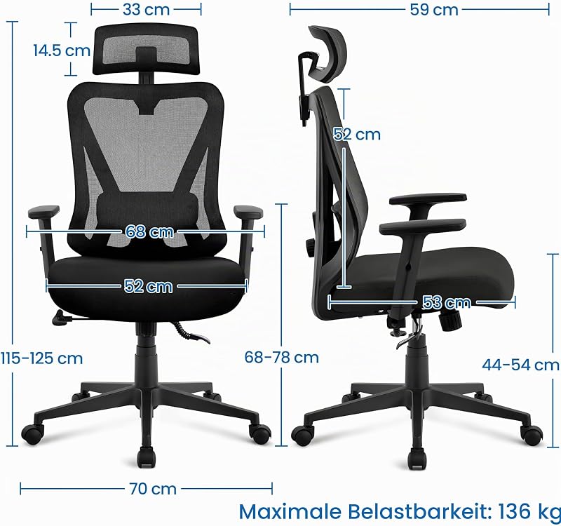 Bürostuhl ergonomischer schreibtischstuhl mit Verstellbarer Kopfstütze & Lendenwirbelstütze, atmungsaktiver Netzstuhl mit breitem Sitz, S-förmige Rückenlehne, 360° drehbar Schwarz