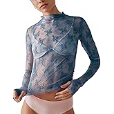 Ugerlov Women's Long Sleeve Mesh Top Mock Neck Sheer Blouse See Through Floral Lace Tops