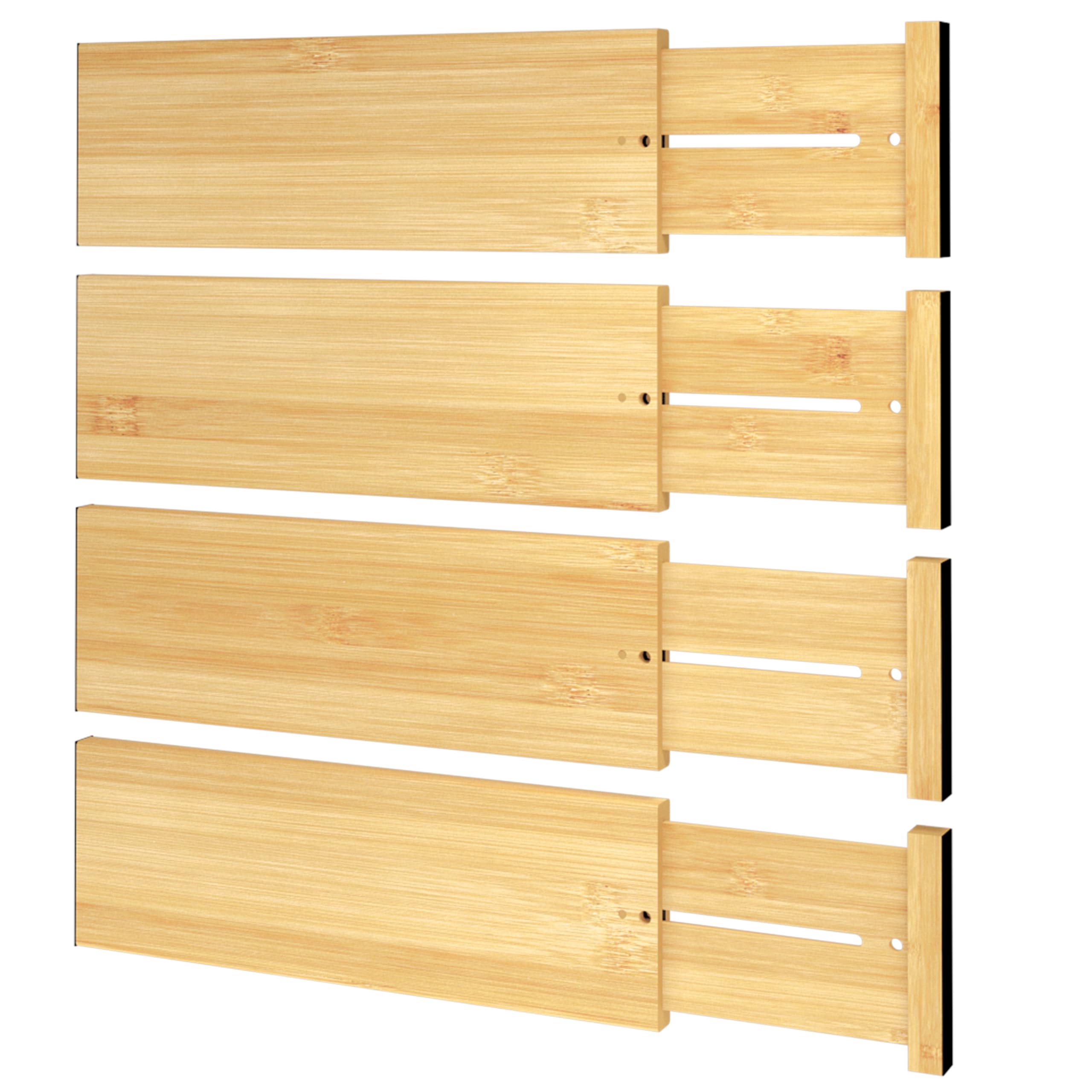 Photo 1 of BAMEOS 4 PCS Bamboo Drawer Divider Adjustable Drawer Dividers Kitchen Drawer Organization Utensil Organizers for Kitchen Dresser Bathroom Bedroom and Office