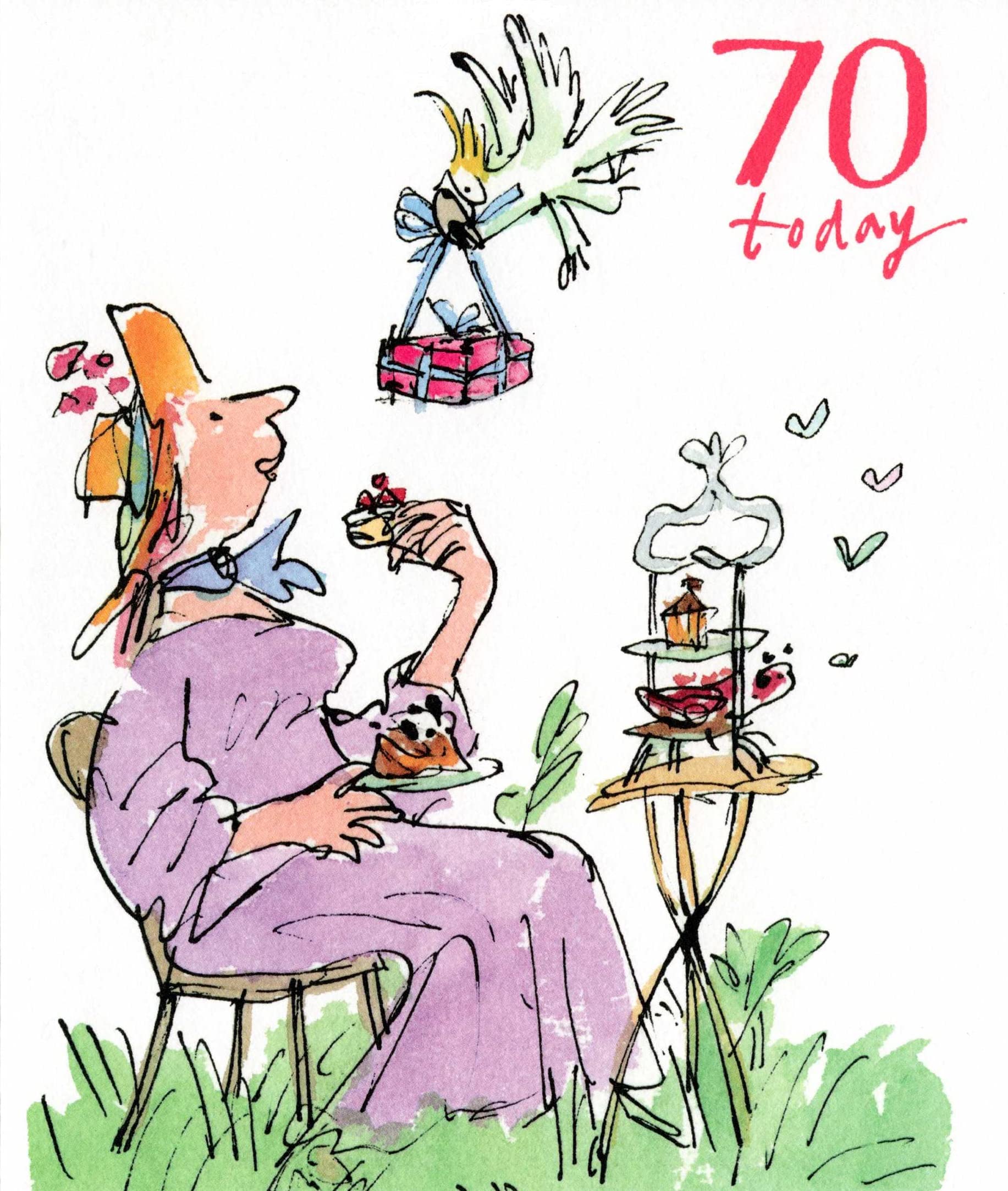 Birthday Card (WDM8999) 70th Birthday - Quentin Blake - Lady Having Cake In Garden
