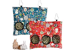 RMNHPTK Rabbit Hay Feeder Bag, Guinea Pig Hay Feeder for Cage Small Animal Hanging Feeding Bags Rabbit Hay Dispenser Storage for Rabbits Guinea Pigs Bunnies Chinchillas (Red,Dark Blue, 3 Hole)