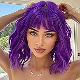 Miuric Purple Wig with Bangs Short Bob Wigs for Women Dark Purple Curly Wig Shoulder Length Women's Colorful Wavy Loose Wave Synthetic Heat Resistant Fiber Wigs for Cosplay Costume Party