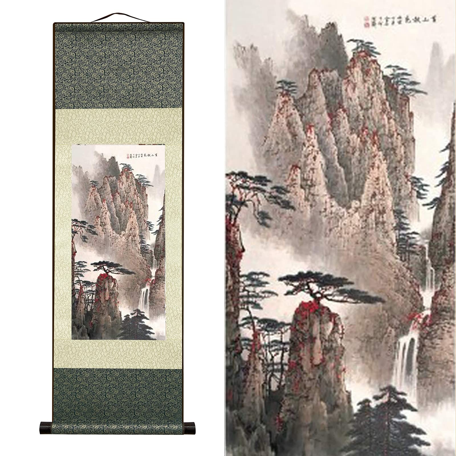 FOVNOT Chinese Landscape Painting Decorations Asian Traditional Home Decoration Beautiful Silk Scroll Painting Chinese Art Print Hanging Wall Decorations for Living Room